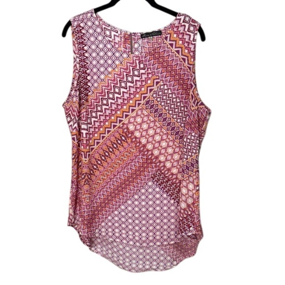 Rose & Olive 1X‎ Sleeveless Top Pink Purple Orange Geometric Print Blouse